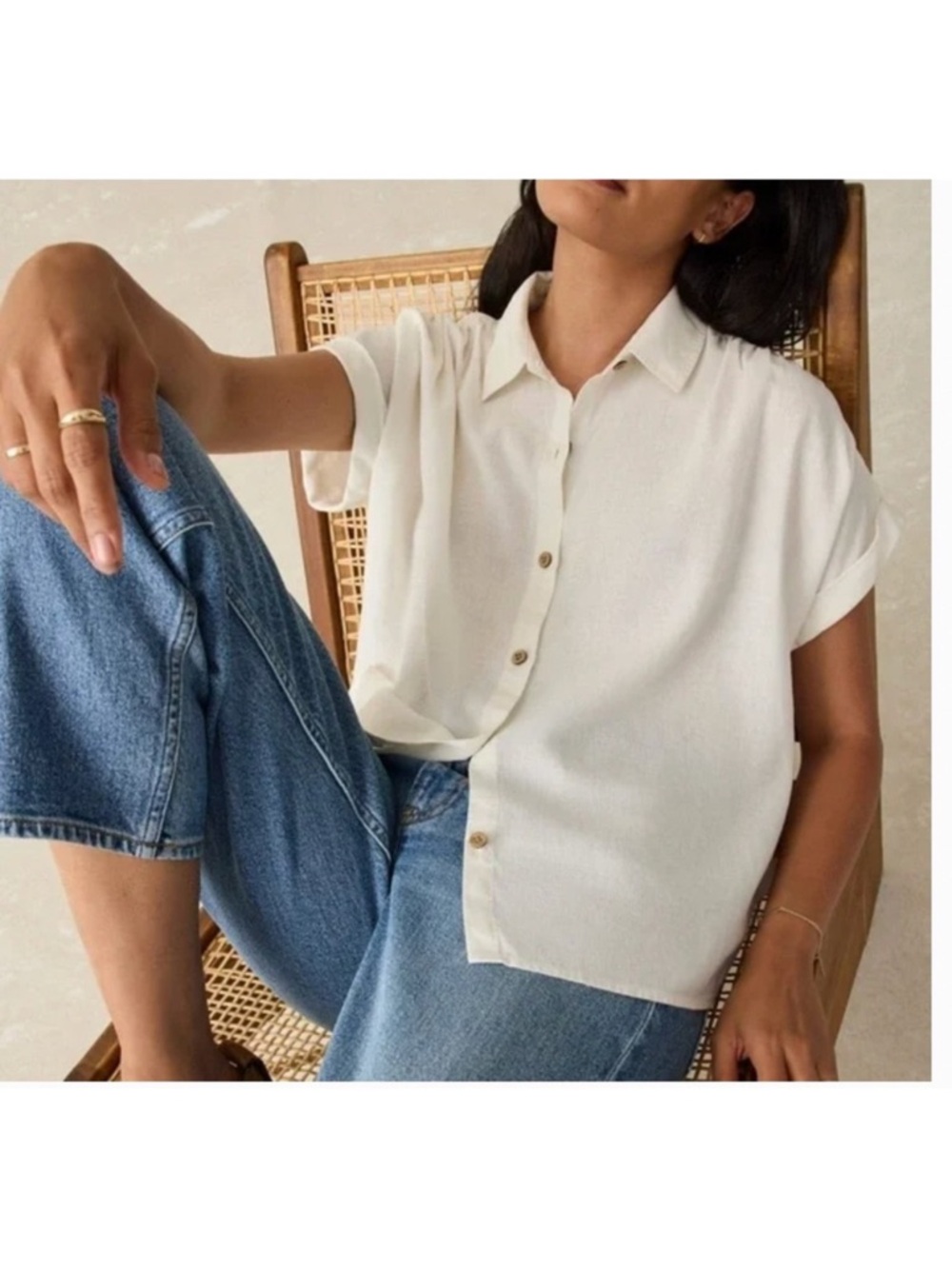Faherty‎ Breeze Shirt White Short Sleeve Button Down Linen Blend Women's Small